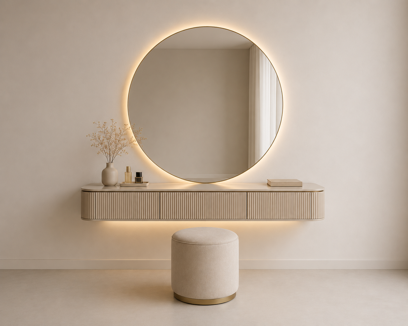 wall dresser Modern Floating Vanity with LED Round Mirror - Image 1